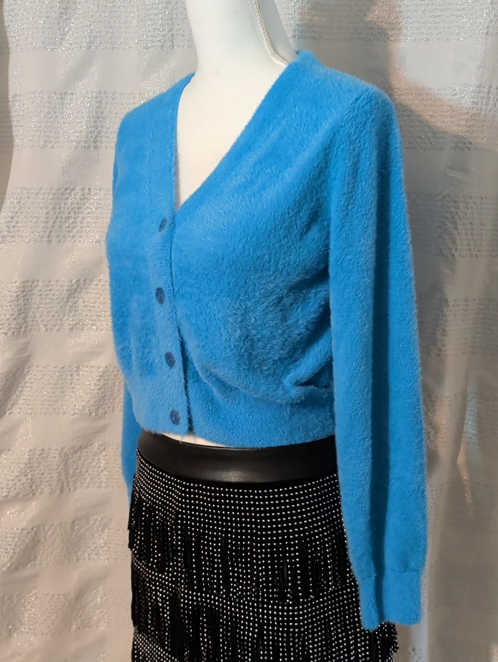 Cropped Sky Blue Plush V-Neck Button Cardigan